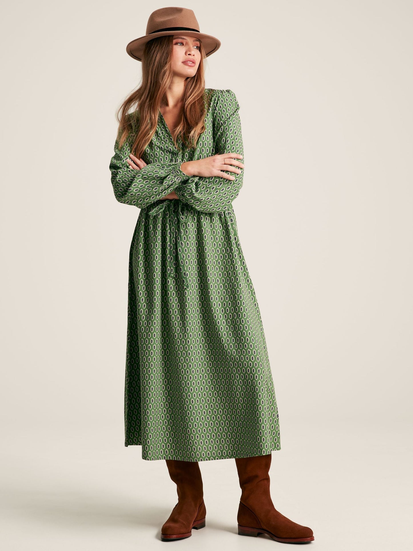 Imogen Green Long Sleeve Belted Midi Dress