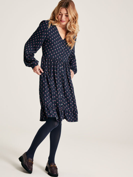 Bonnie Navy Blue Button Down Dress with Peplum Hem