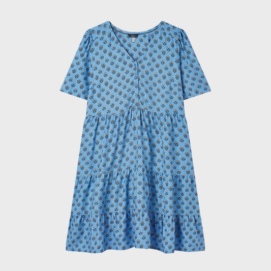 Mara Half Button v neck Woven Dress - Blue Foulard