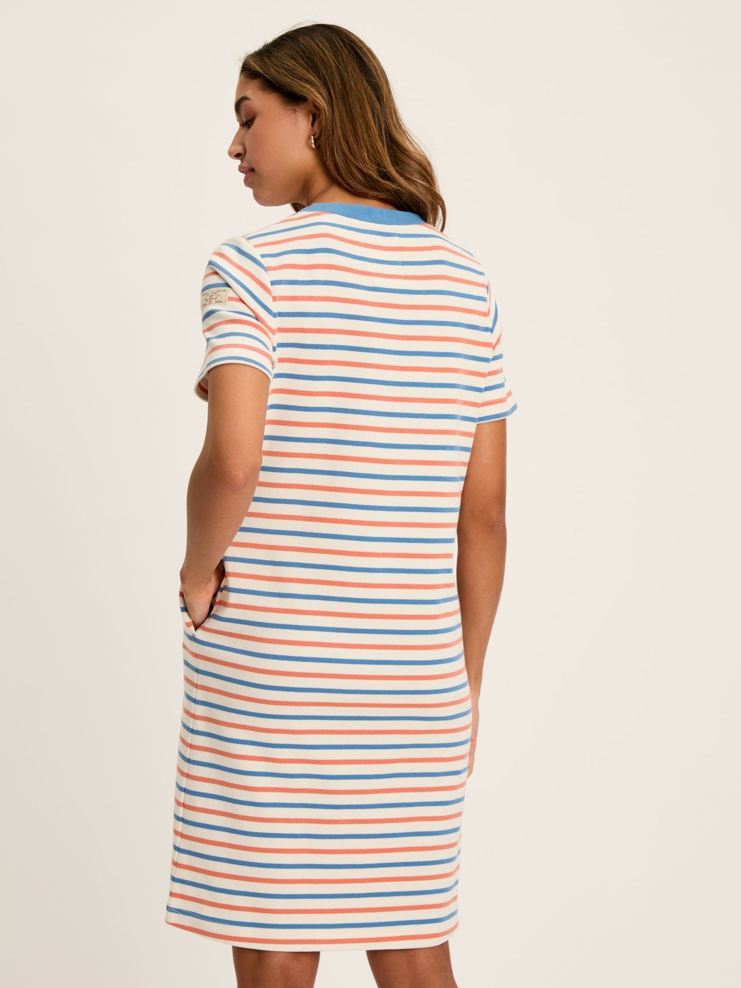 Eden Coral & Blue Striped Short Sleeve Jersey Dress With Pockets