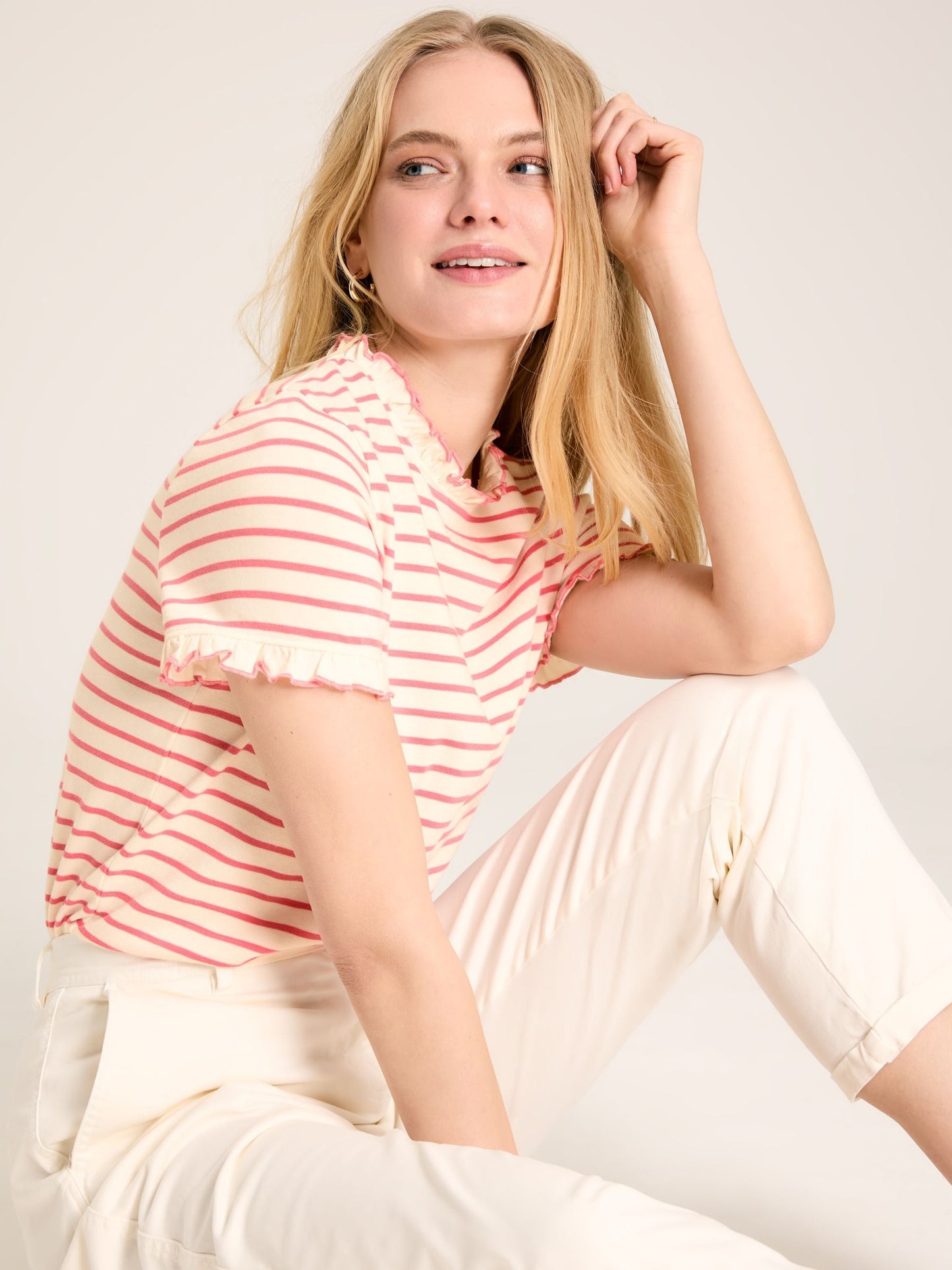 Daisy Pink/Cream Short Sleeve Frilled Neck Top