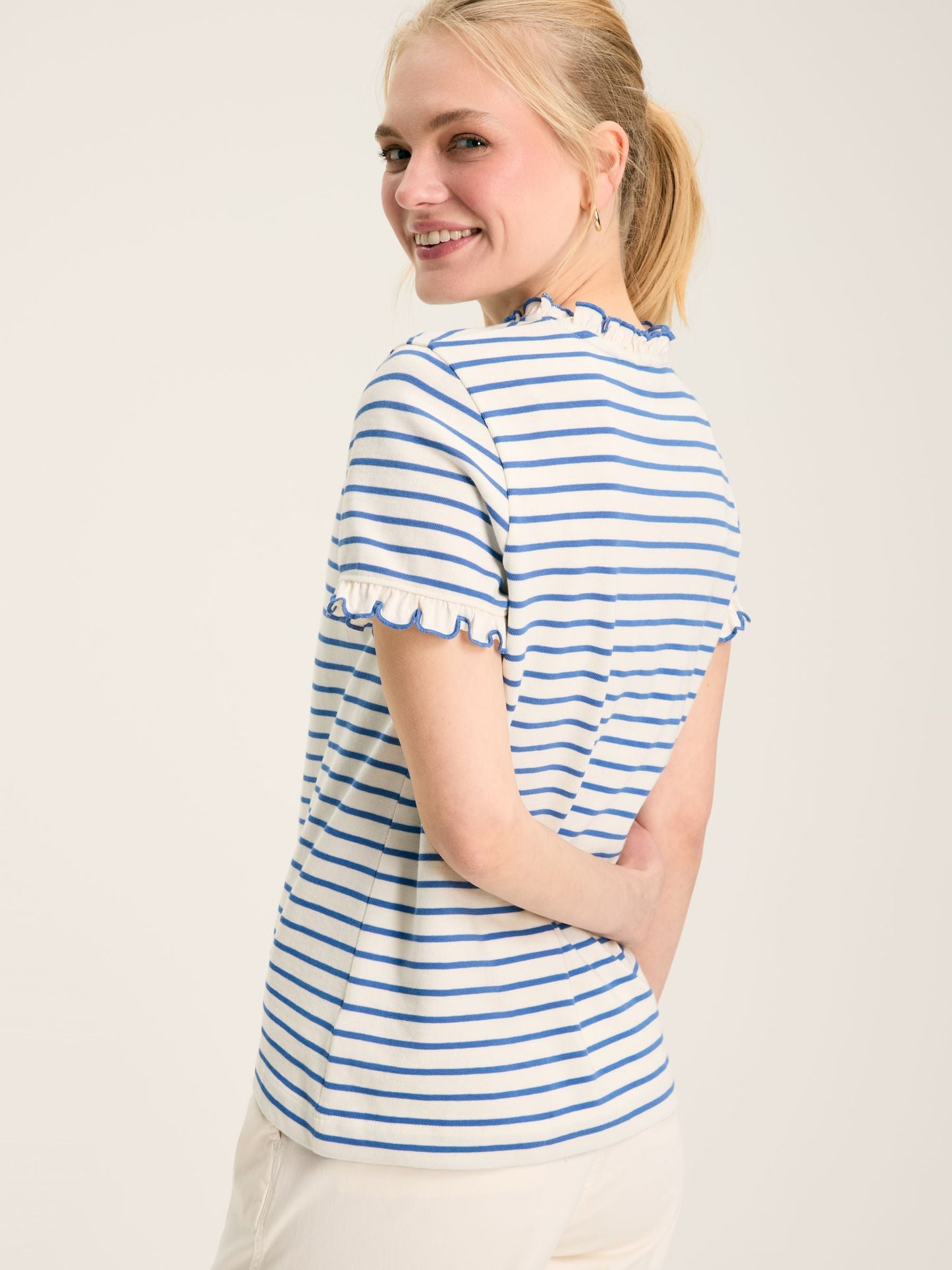 Daisy Cream & Blue Short Sleeve Frilled Neck Top