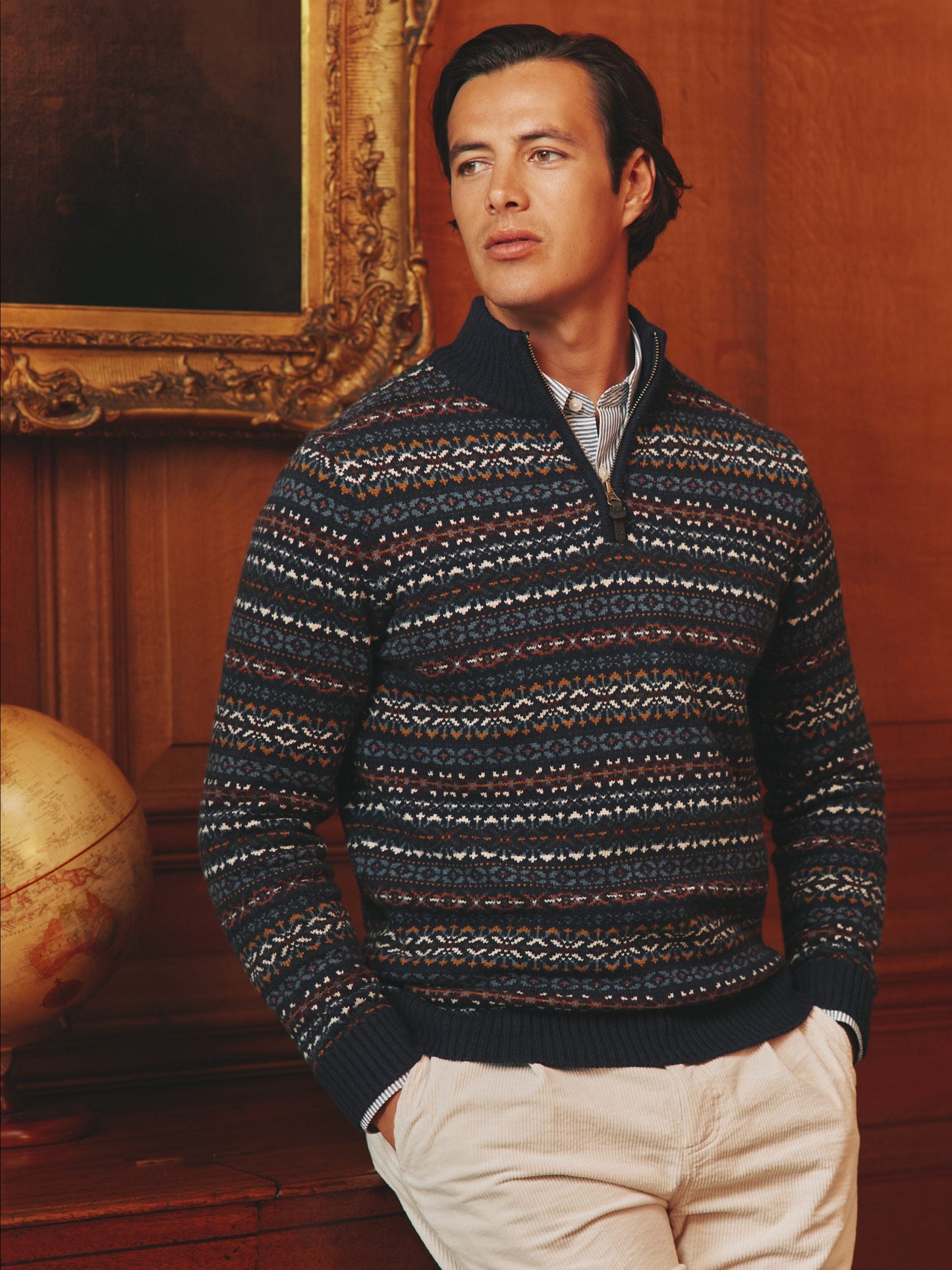 Fair Isle Navy Quarter Zip Knit Jumper Contains Merino Wool