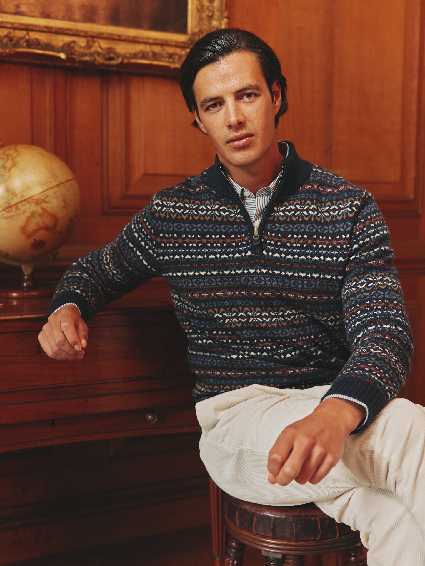 Fair Isle Navy Quarter Zip Knit Jumper Contains Merino Wool