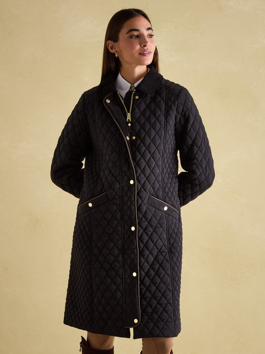 Rosewell Black Showerproof Longline Diamond Quilted Coat