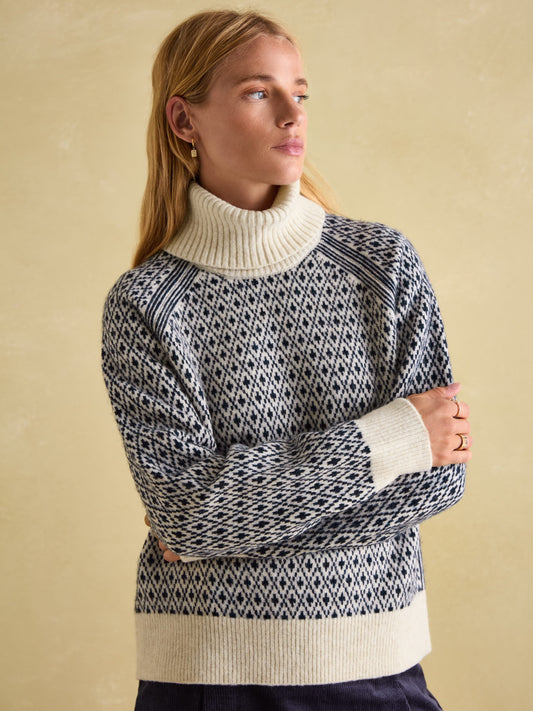 Ingrid Cream/Navy Patterned Jumper with Detachable Roll Neck