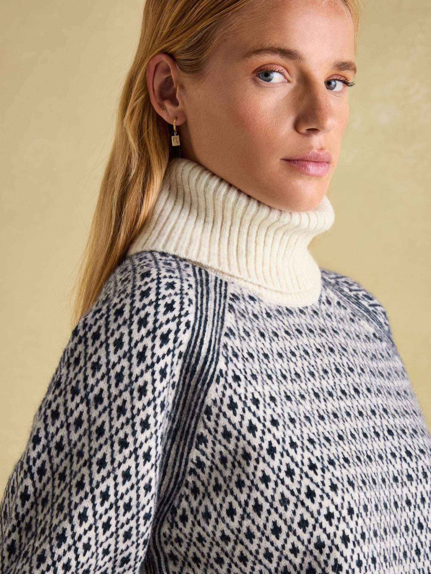 Ingrid Cream/Navy Patterned Jumper with Detachable Roll Neck