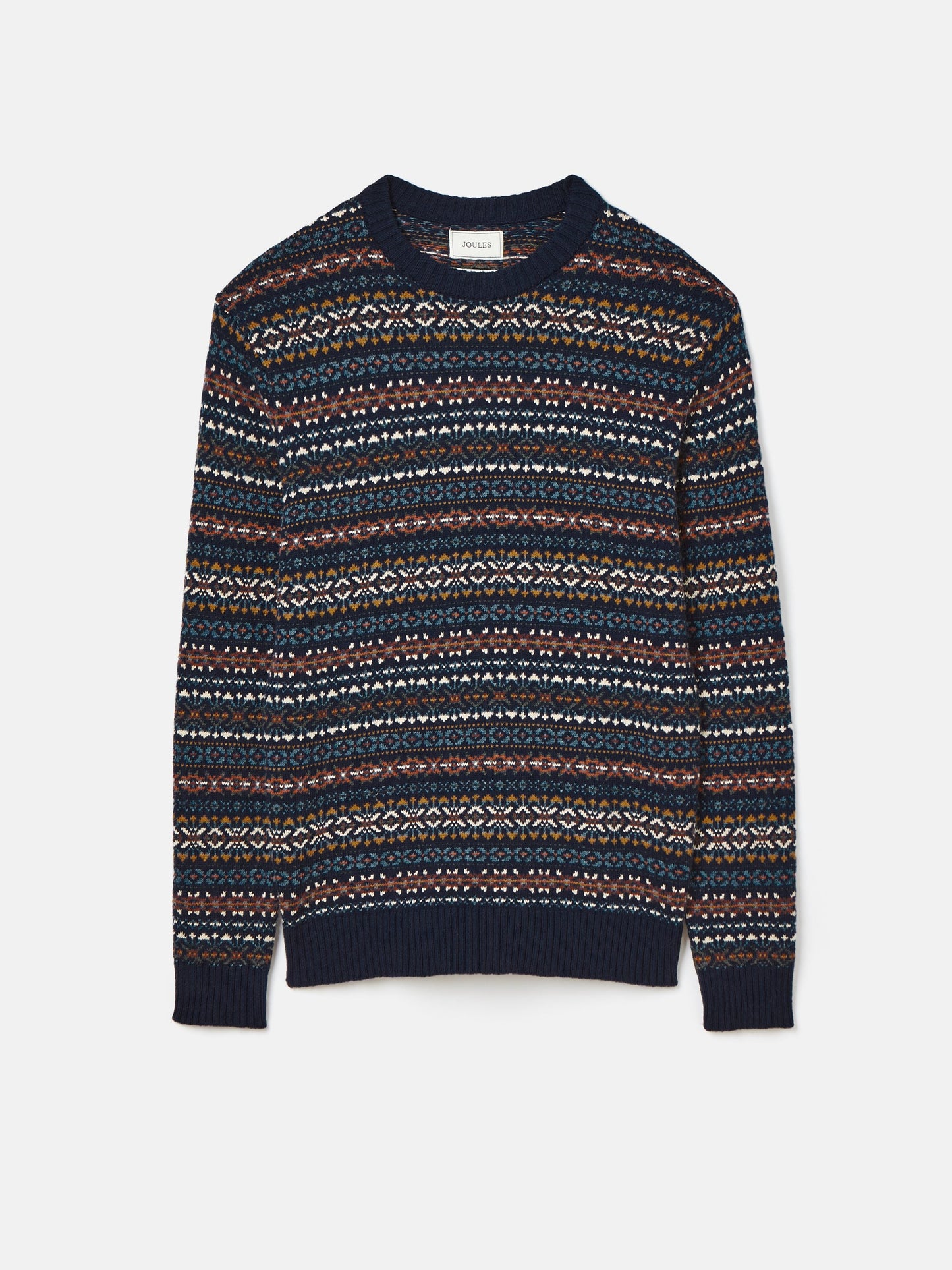 Fair Isle Navy Crew Neck Jumper Contains Merino Wool