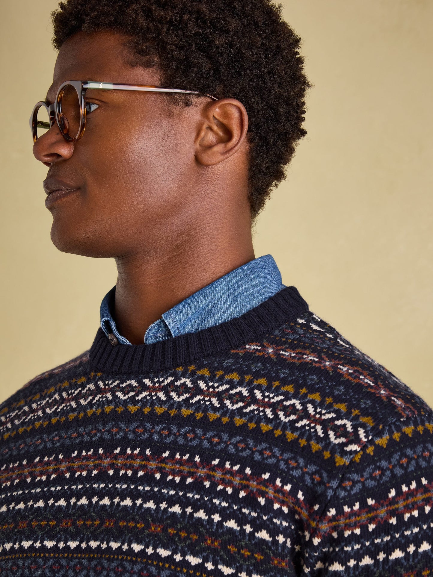 Fair Isle Navy Crew Neck Jumper Contains Merino Wool