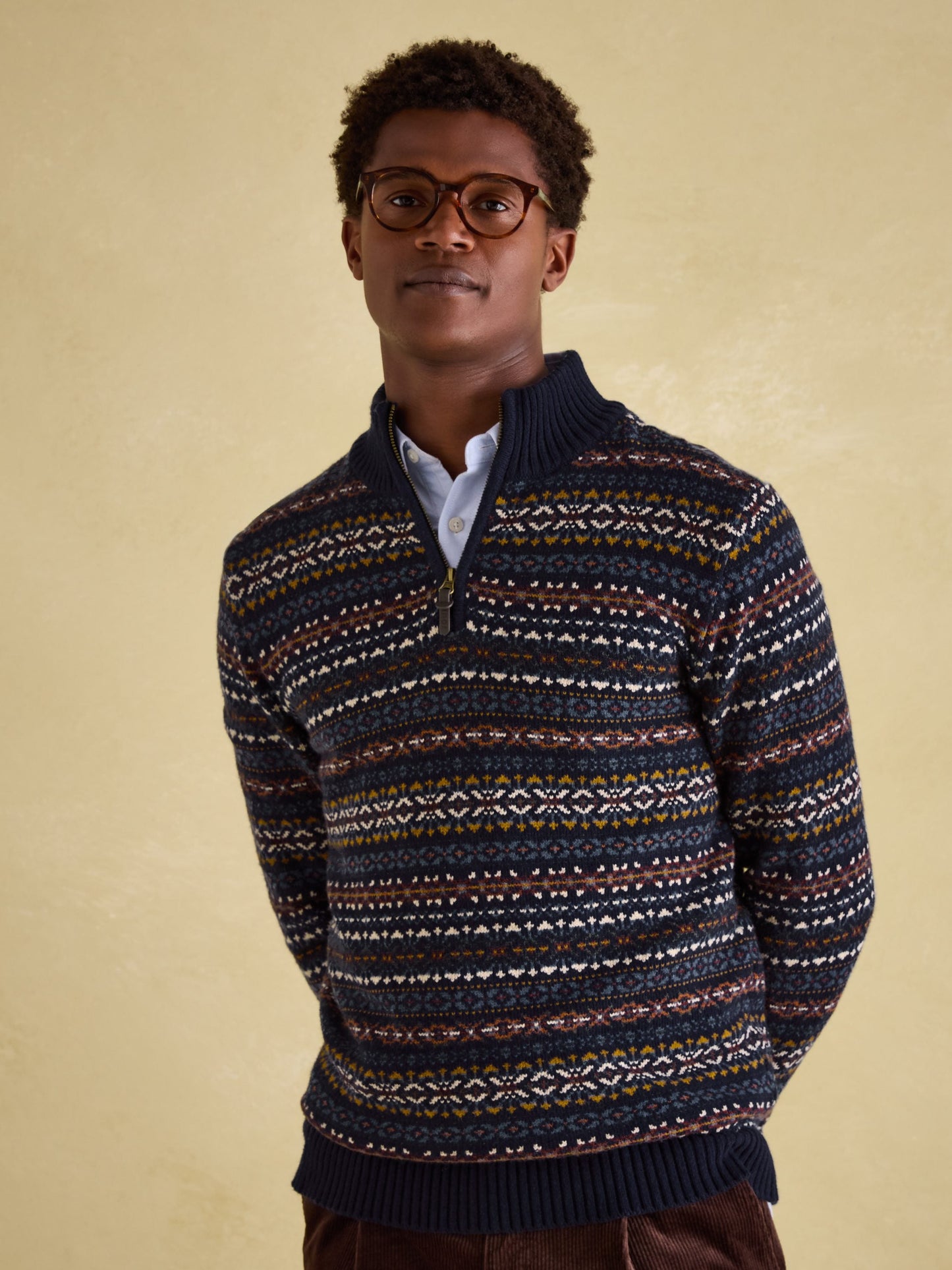 Fair Isle Navy Quarter Zip Knit Jumper Contains Merino Wool