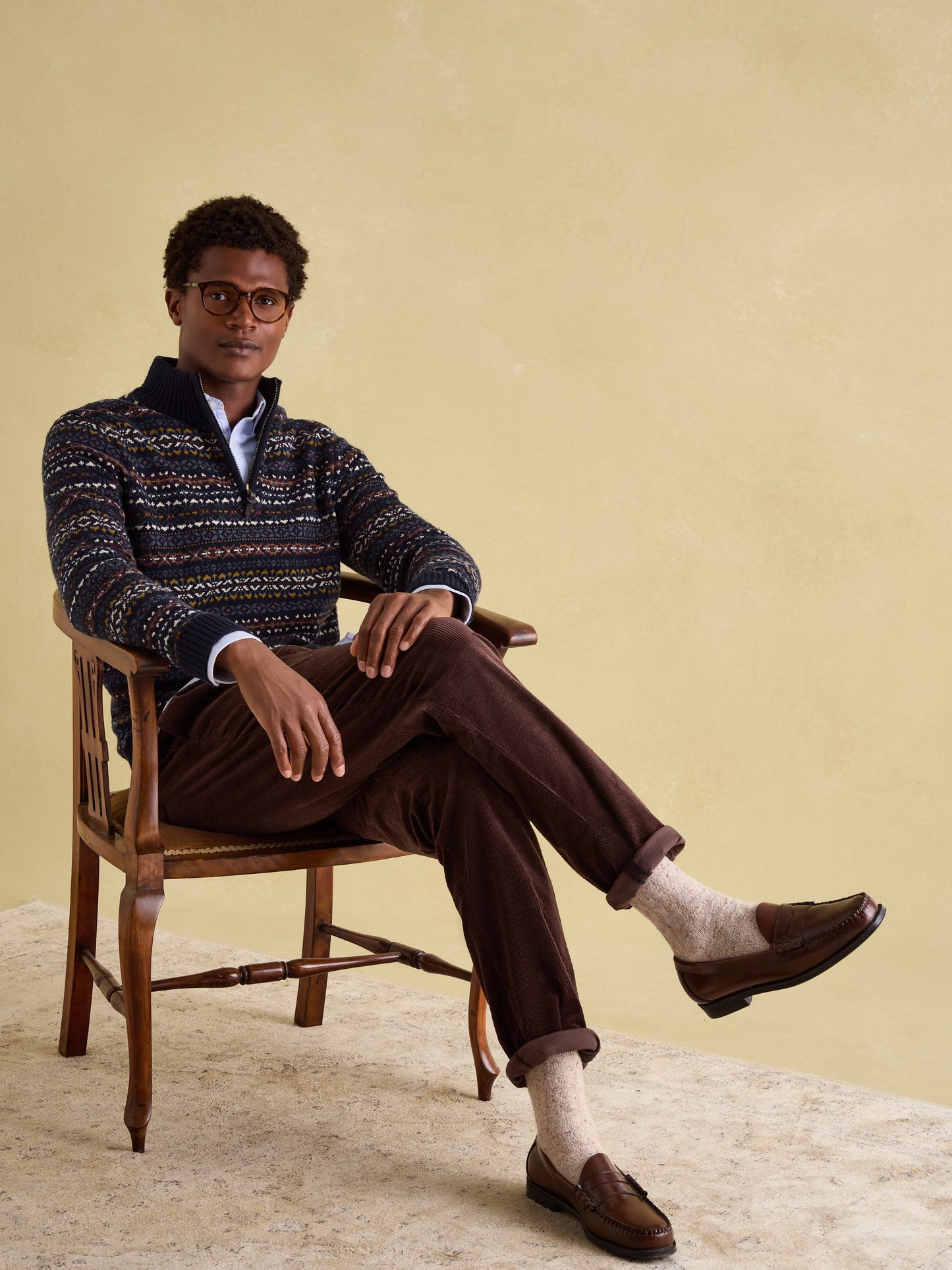 Fair Isle Navy Quarter Zip Knit Jumper Contains Merino Wool