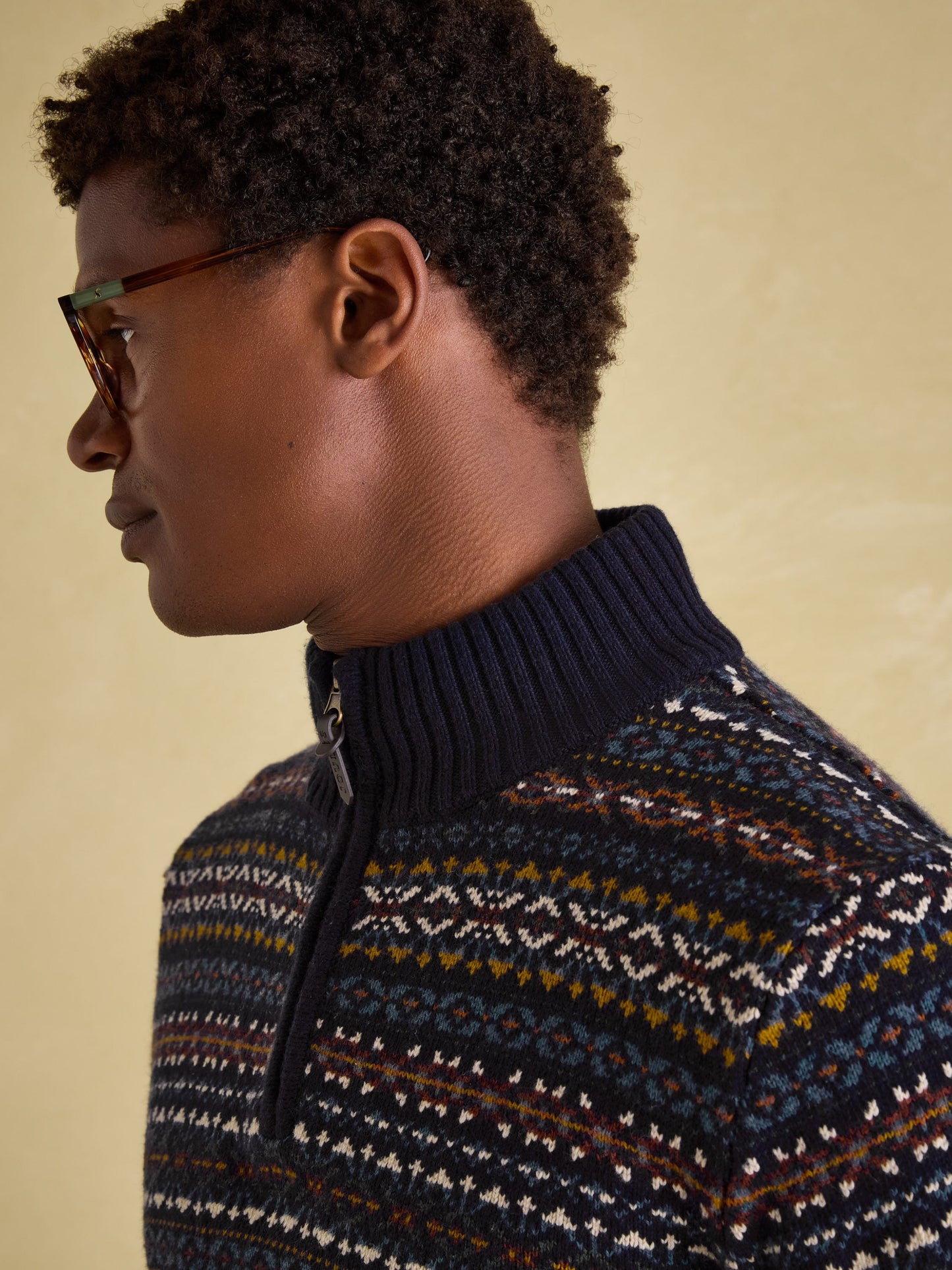 Fair Isle Navy Quarter Zip Knit Jumper Contains Merino Wool