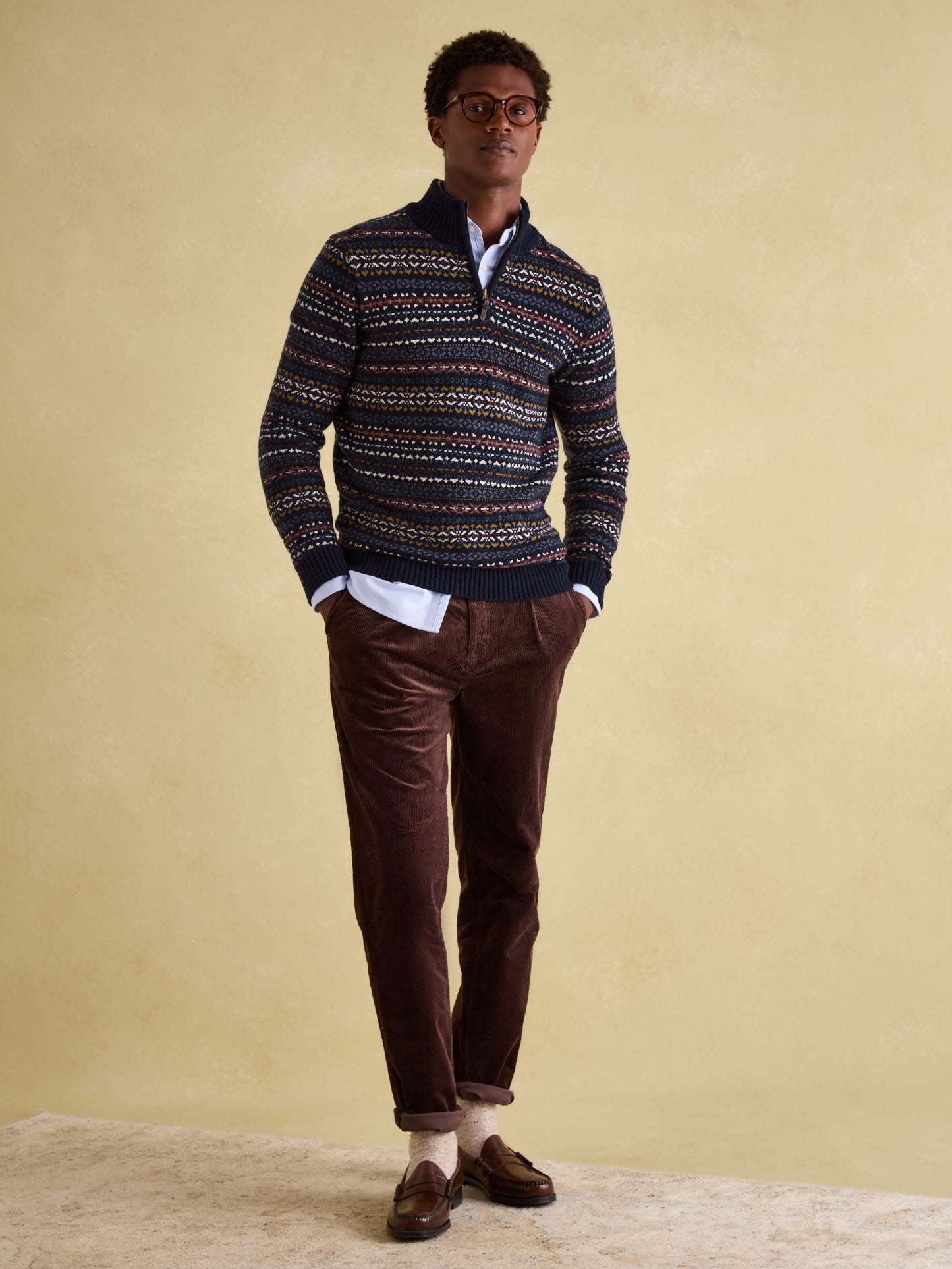 Fair Isle Navy Quarter Zip Knit Jumper Contains Merino Wool