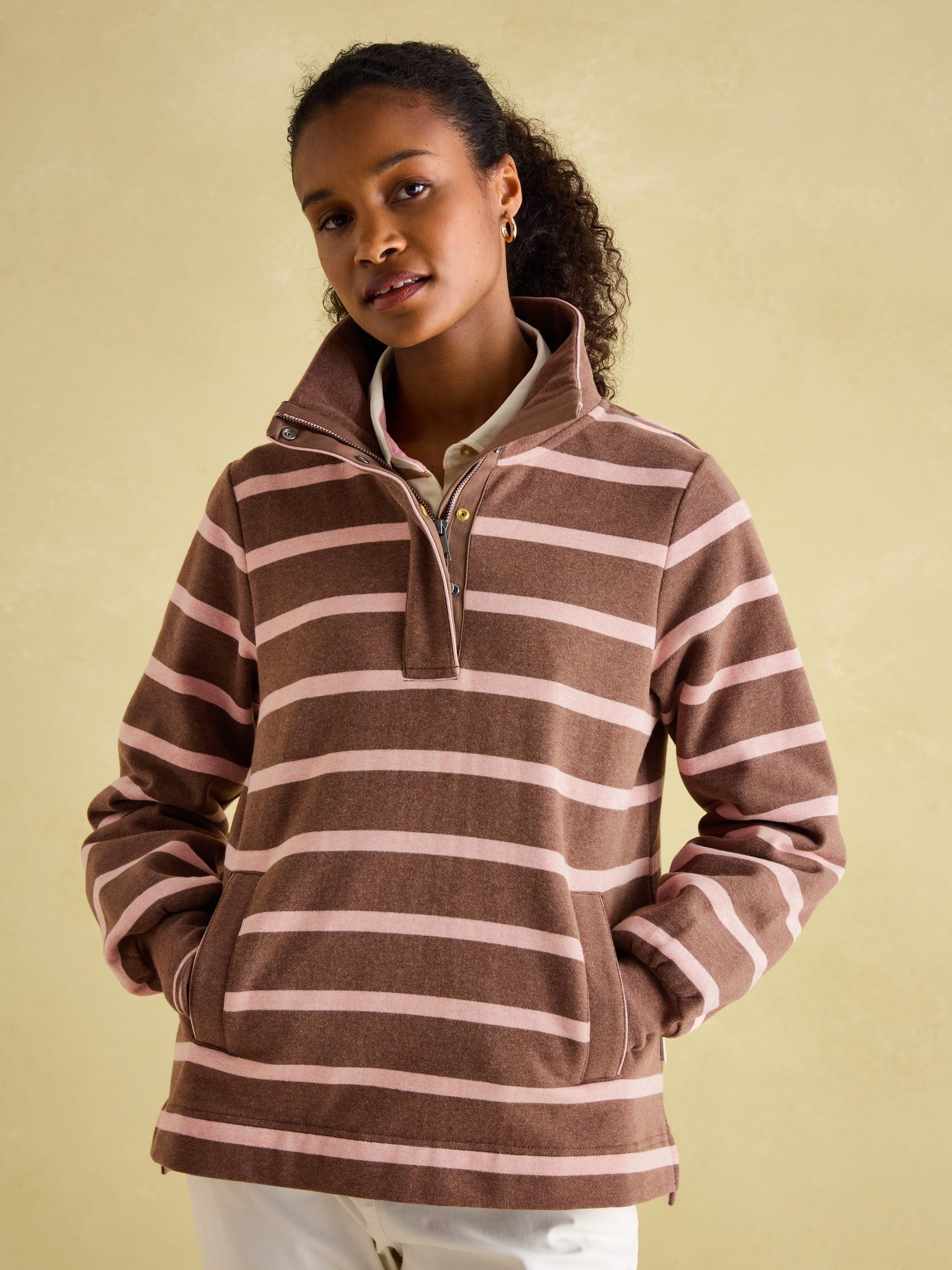 Burnham Chocolate Brown pink Funnel Neck Quarter Zip Sweatshirt