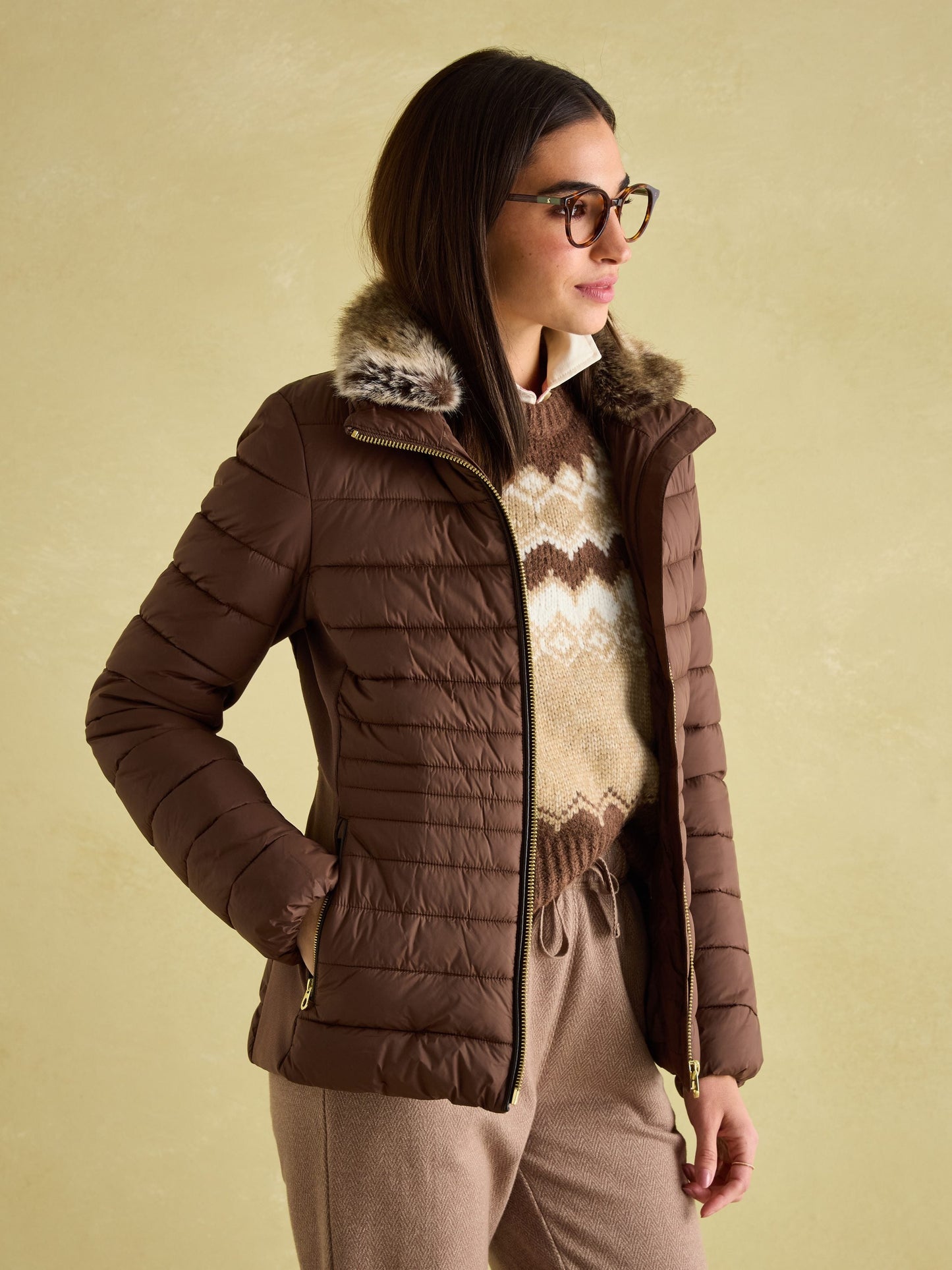 Beckley Brown Padded Showerproof Jacket with Faux Fur Trim