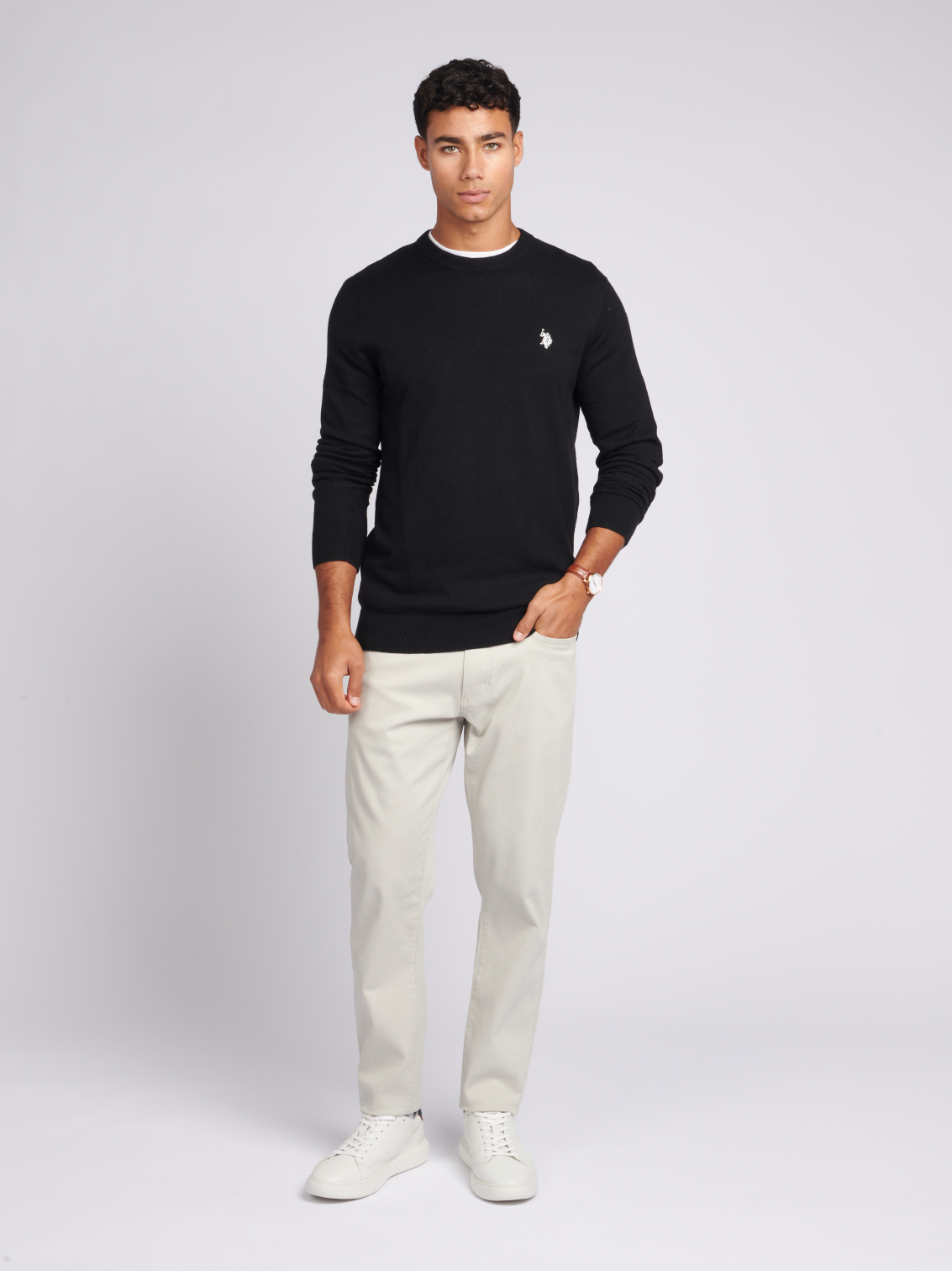 Mens Cotton Crew Neck Jumper in Black Bright White DHM