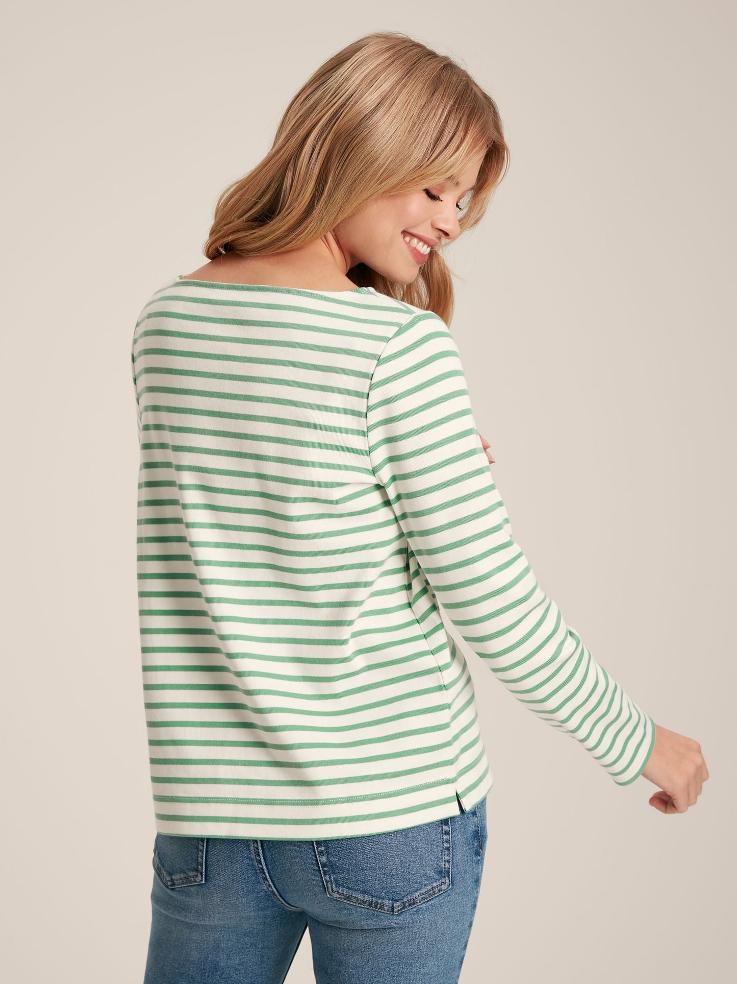 New Harbour Green & White Striped Boat Neck Breton Top