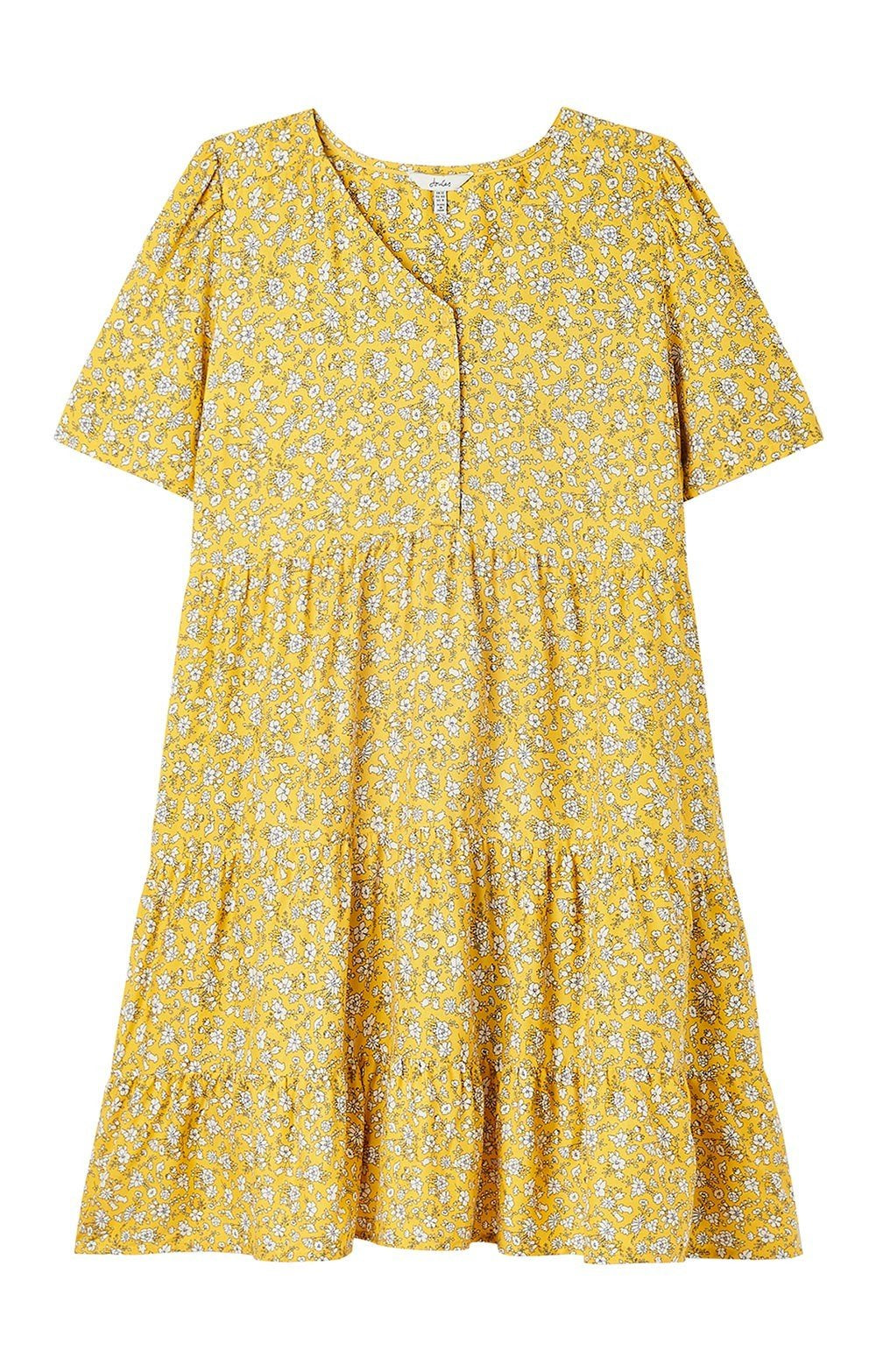 Mara Half Button V Neck Woven Dress - Yellow Ditsy