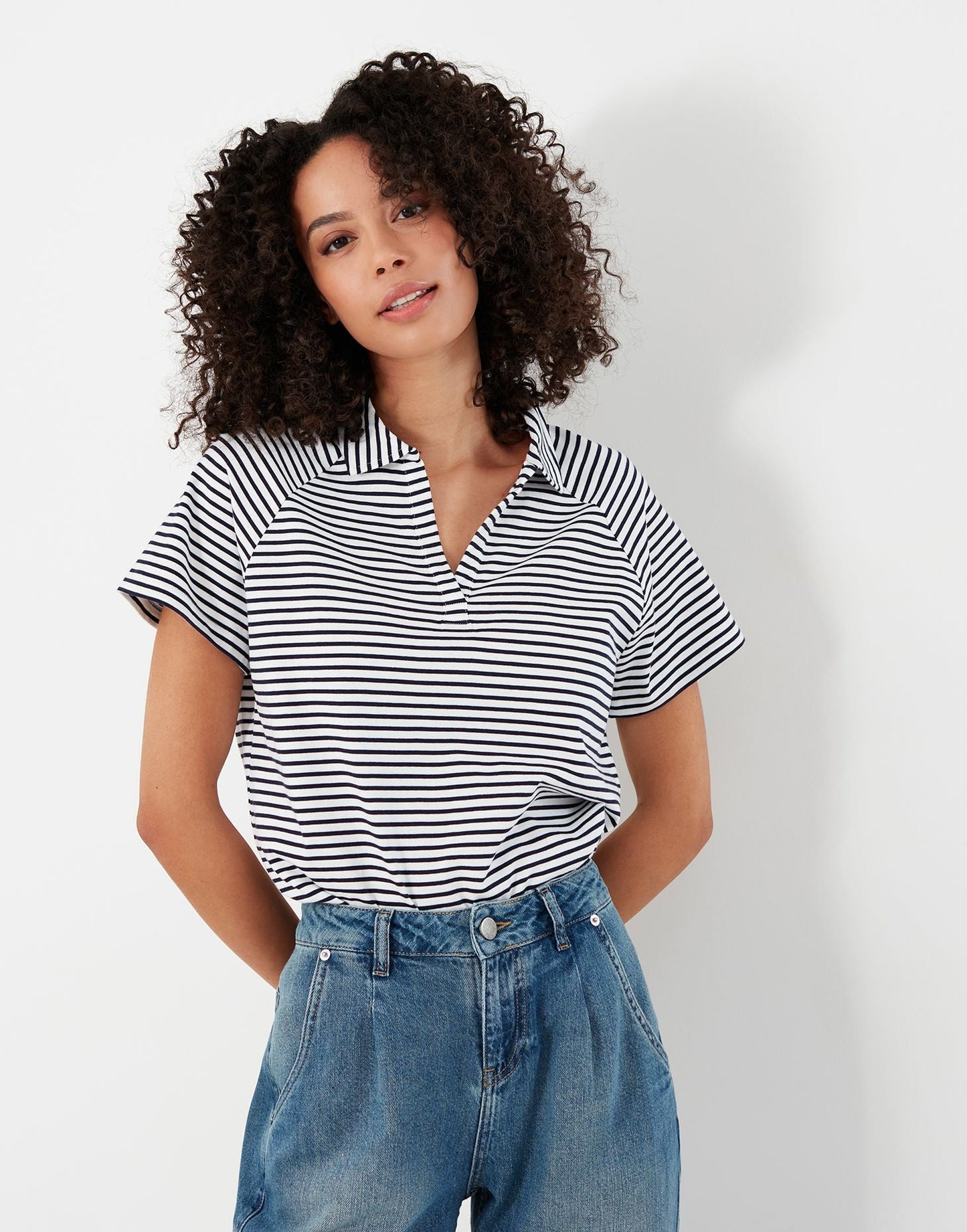 Bridgette Short Raglan Sleeve Polo Shirt - Cream Navy Stripe