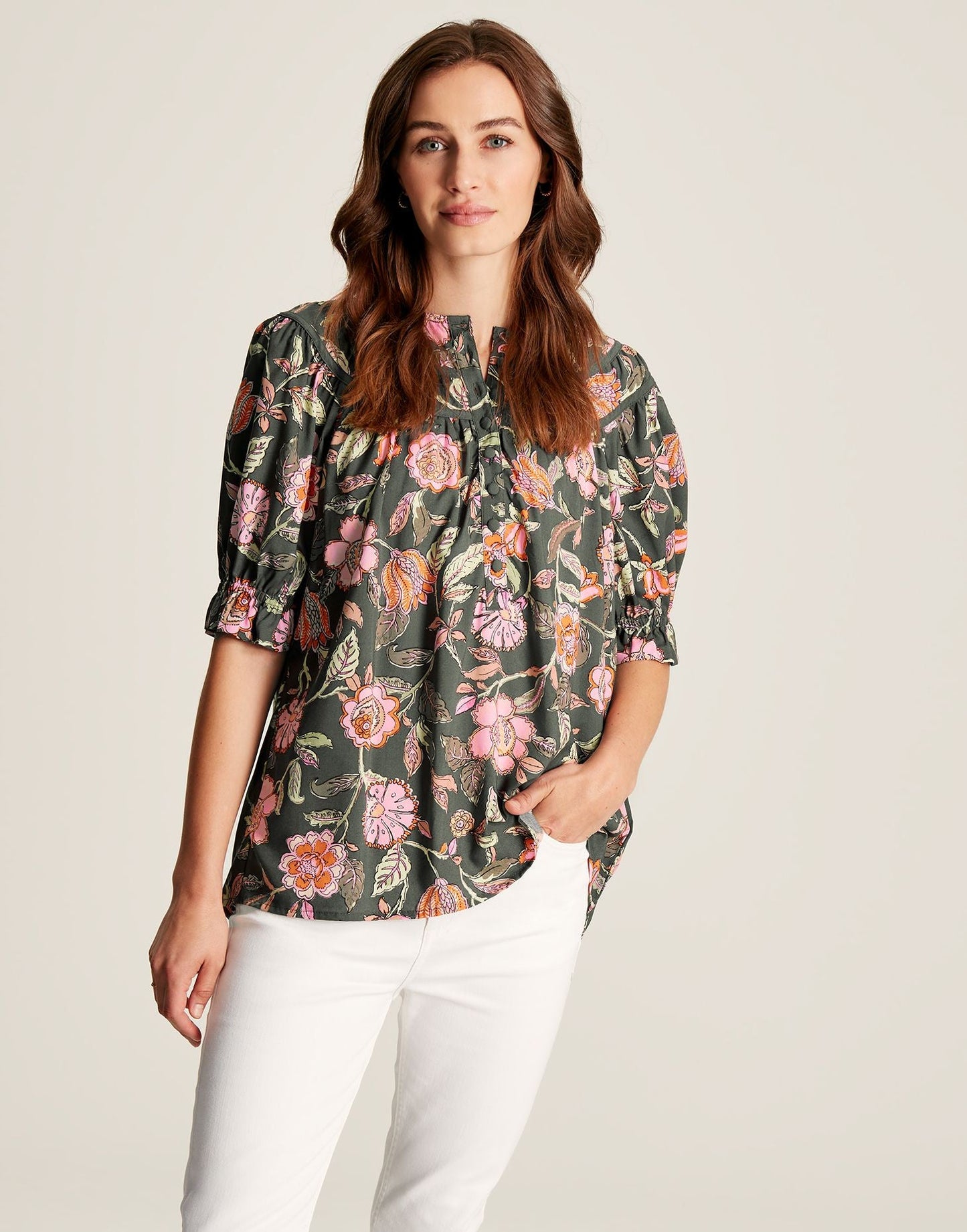 Eloisa Curved Yoke Blouse - Grey Floral