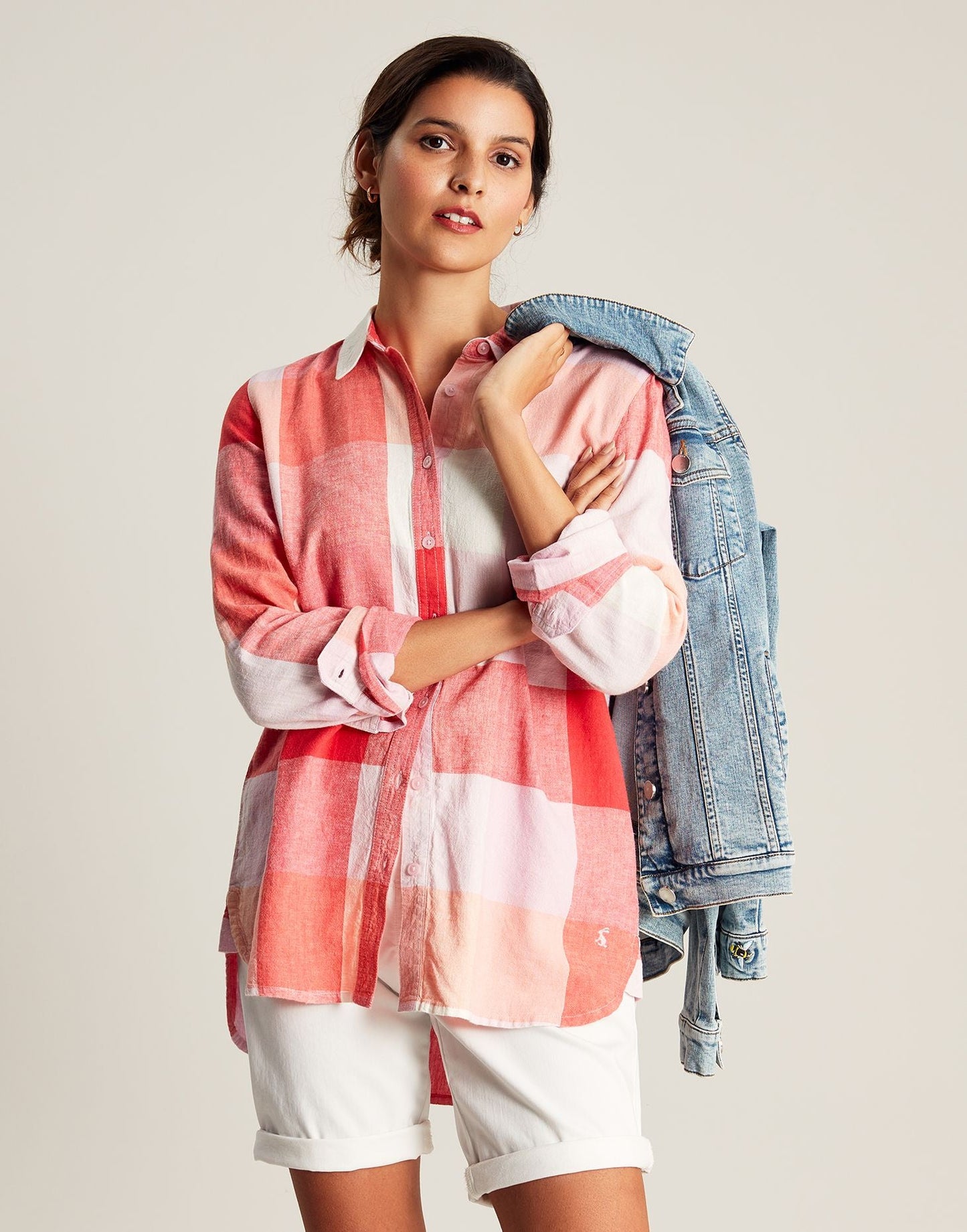 Lorena Longline Woven Shirt - Pink Check