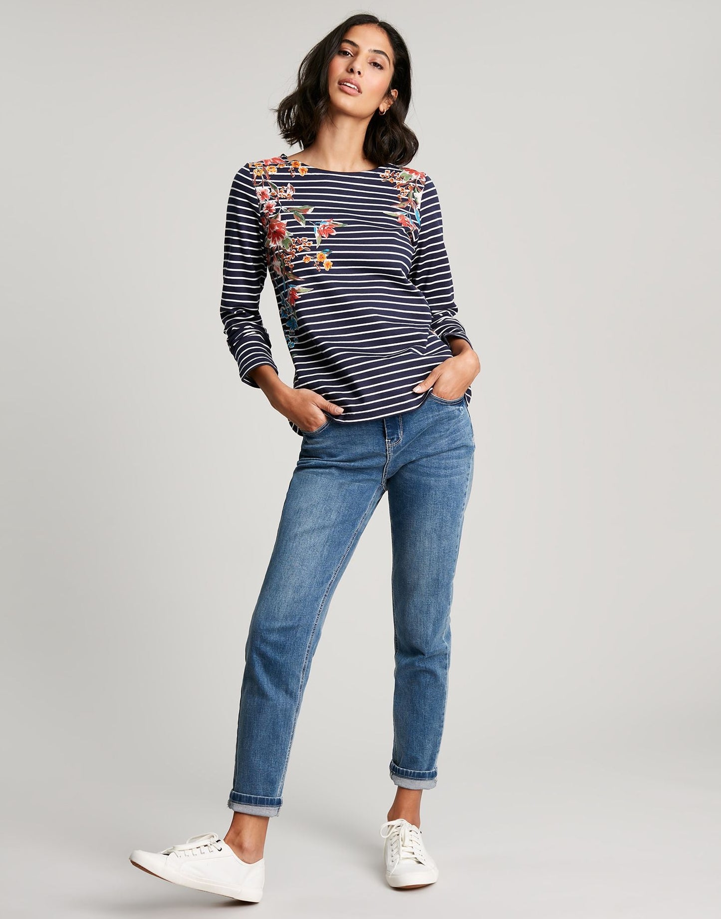 Harbour Print Long Sleeve Jersey Top - Navy Floral Stripe