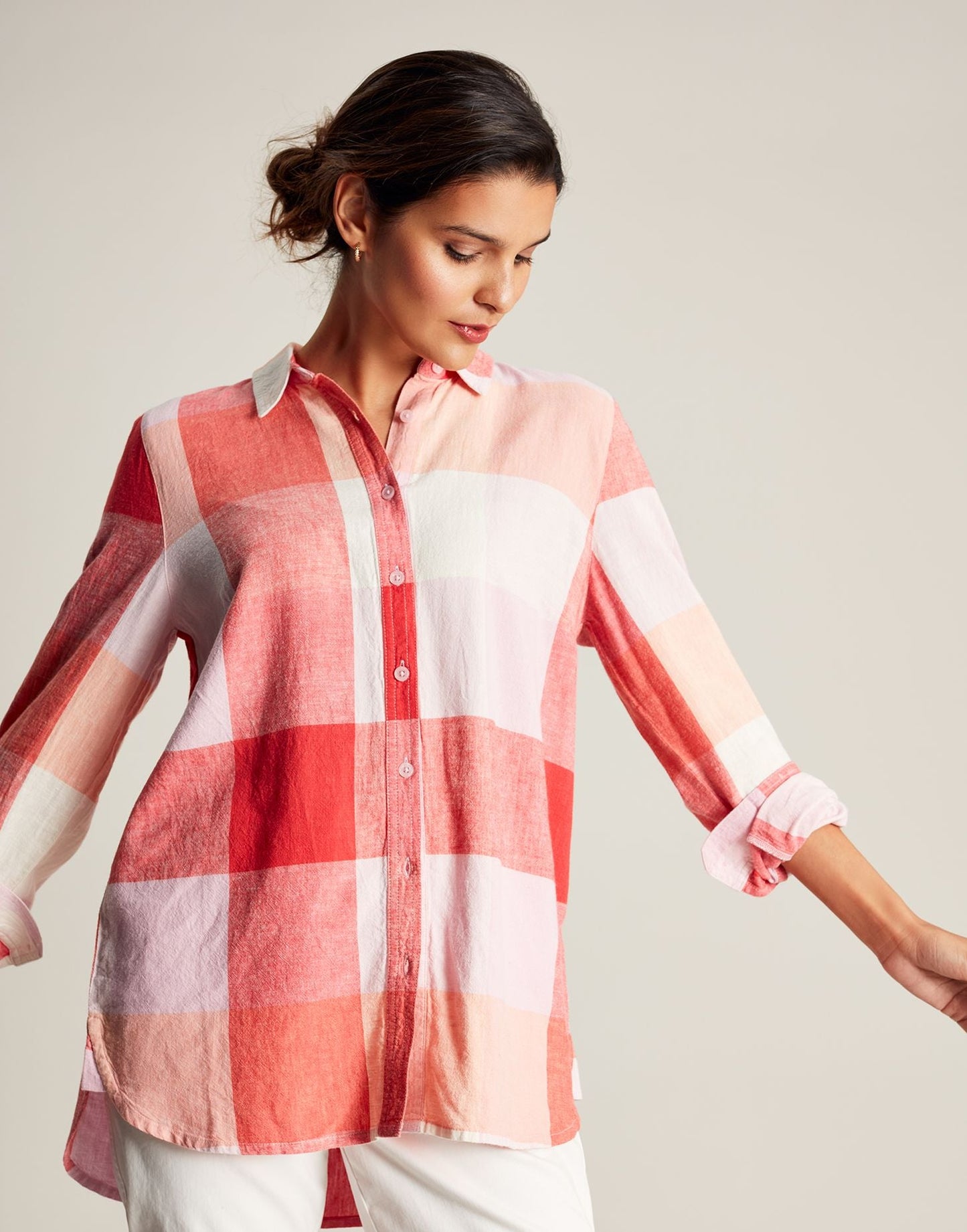 Lorena Longline Woven Shirt - Pink Check